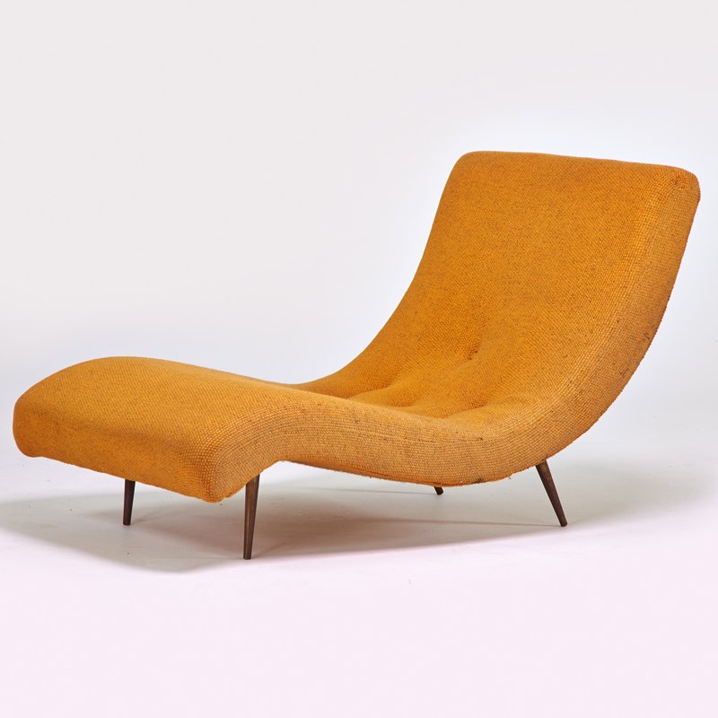 ADRIAN PEARSALL: CRAFT ASSOCIATES: Chaise lounge, Wilkes Barre, PA, 1960s; Brass and upholstery; Unmarked; 31” x 30” x 57”