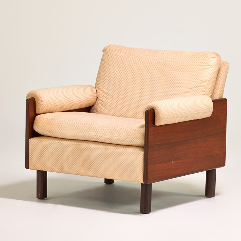 STYLE OF HARVEY PROBBER: Lounge chair, USA, 1970s; Upholstery, rosewood; Unmarked; 26" x 30" x 29"