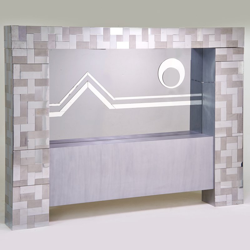 STYLE OF PAUL EVANS: Illuminated king-size headboard, USA, 1970s; Enameled wood, chromed steel, mirrored glass; Unmarked; 80" x 109" x 12"