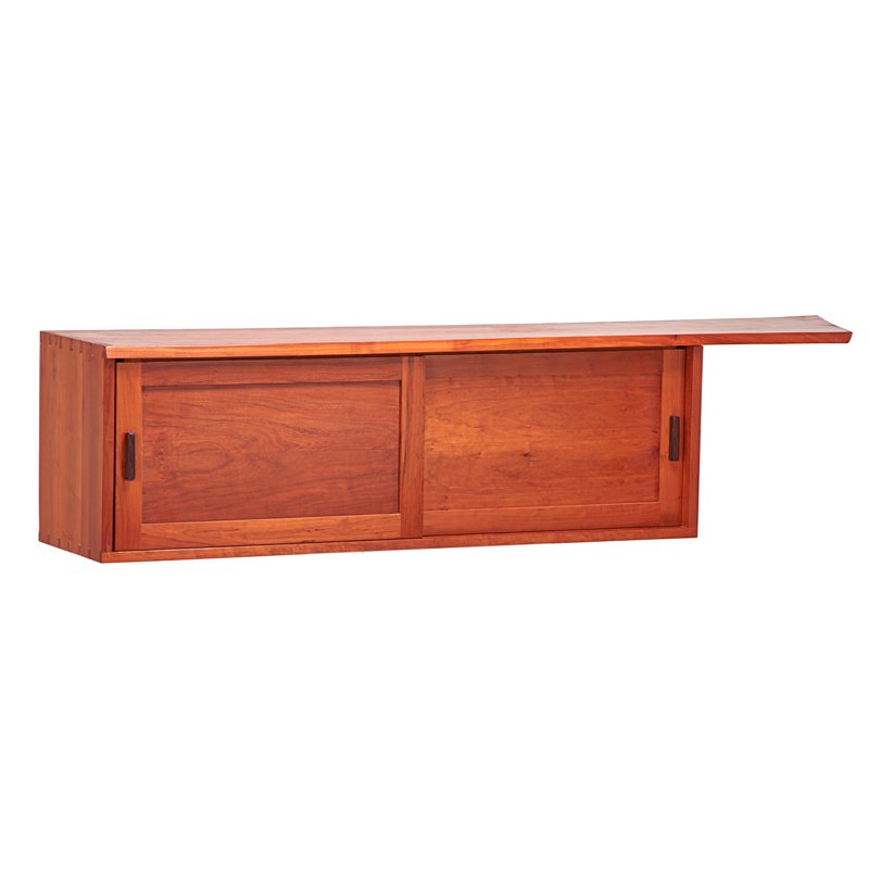 STYLE OF GEORGE NAKASHIMA: Two-door wall hanging cabinet with overhanging free-edge top, USA, 2000s; Cherry, rosewood; Unmarked; 13 1/2" x 56 1/2" x 11 3/4"