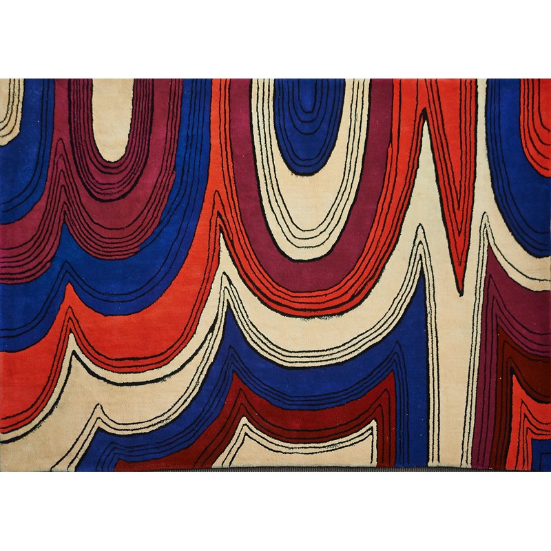 EDWARD FIELDS: Wool area rug, Long Island, NY, 1970; Signed in selvedge; 99" x 60"