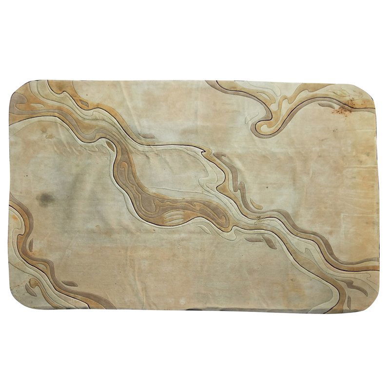 EDWARD FIELDS: Room-sized sculpted wool rug, Long Island, NY, 1982; Wool; Signed in selvedge; 189" x 149"