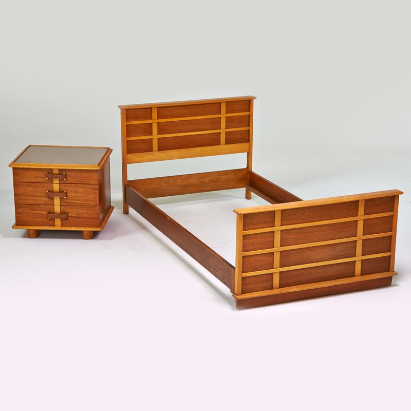 PAUL FRANKL; JOHNSON FURNITURE CO: Station Wagon" twin bed and nightstand, Grand Rapids, MI, 1940s; Mahogany,birch, stitched leather, brass; Branded; Nightstand: 21 1/2" x 24" x 22", bed: 32" x 78" x 43