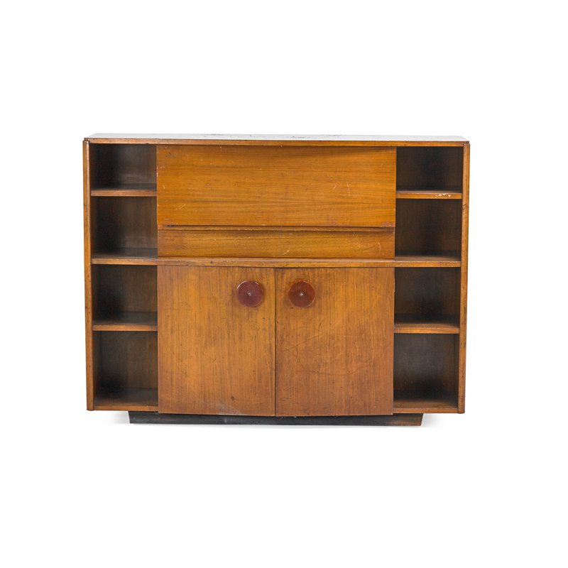 GILBERT ROHDE: Cabinet, USA, ca. 1940; Walnut, acrylic; Unmarked; 42" x 56" x 17 1/2"
