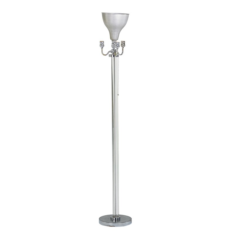 STYLE OF GILBERT ROHDE: Floor lamp, USA, 1940s; Glass, nickeled brass, aluminum, four sockets; Unmarked; 63" x 10" dia.