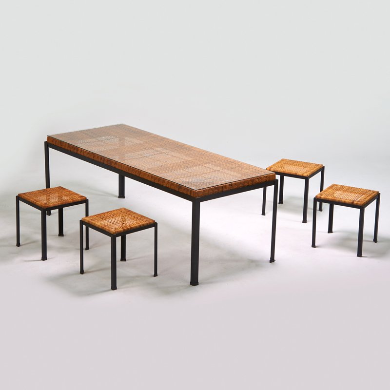 DANNY HO FONG; TROPI-CAL: Osetsu Dei" dining set: table and four stools, USA, 1959; Enameled iron, cane; Unmarked; Table: 26" x 24" x 72", stools: 18" x 14 3/4" x 14 3/4"