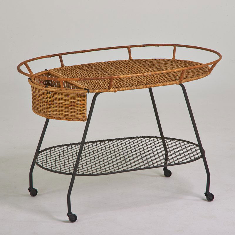 STYLE OF FREDERICK WEINBERG: Barcart, USA, 1950s; Enameled steel, woven wicker; Unmarked; 28 1/2" x 42" x 24"