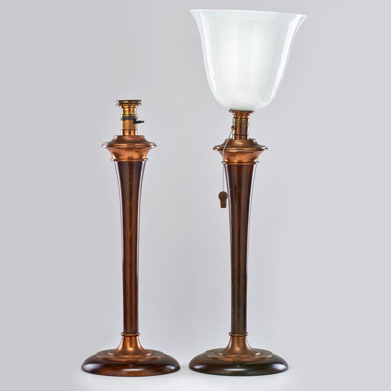 MAZDA: Pair of table lamps with one original milk glass shade, France, 1930s; Walnut and copper; Foil labels to both; Each: 23" x 9"