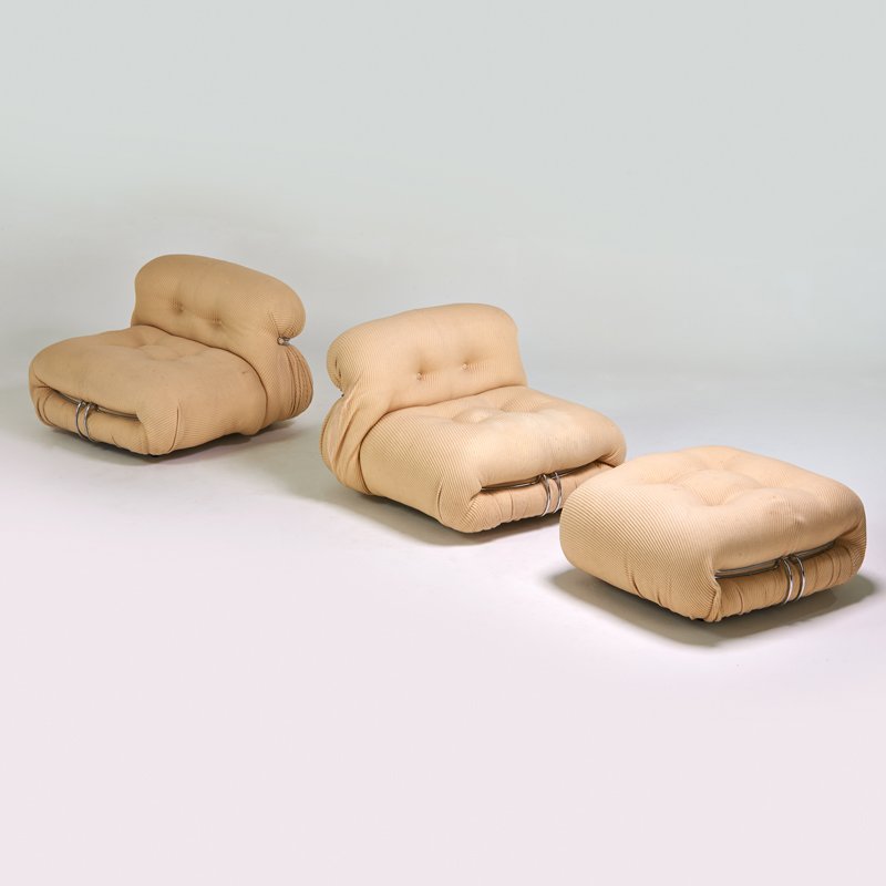 TOBIA SCARPA; CASSINA: Two chairs and ottoman, Italy, 1970s; Chromed steel, upholstery; Unmarked; 27" x 36" x 41", 17" x 34" x 31"