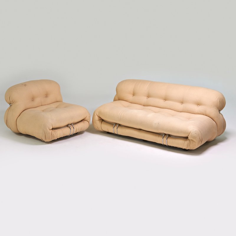 TOBIA SCARPA; CASSINA: Sofa and chair, Italy, 1970s; Chromed steel, upholstery; Unmarked; Sofa: 27" x 68" x 41"