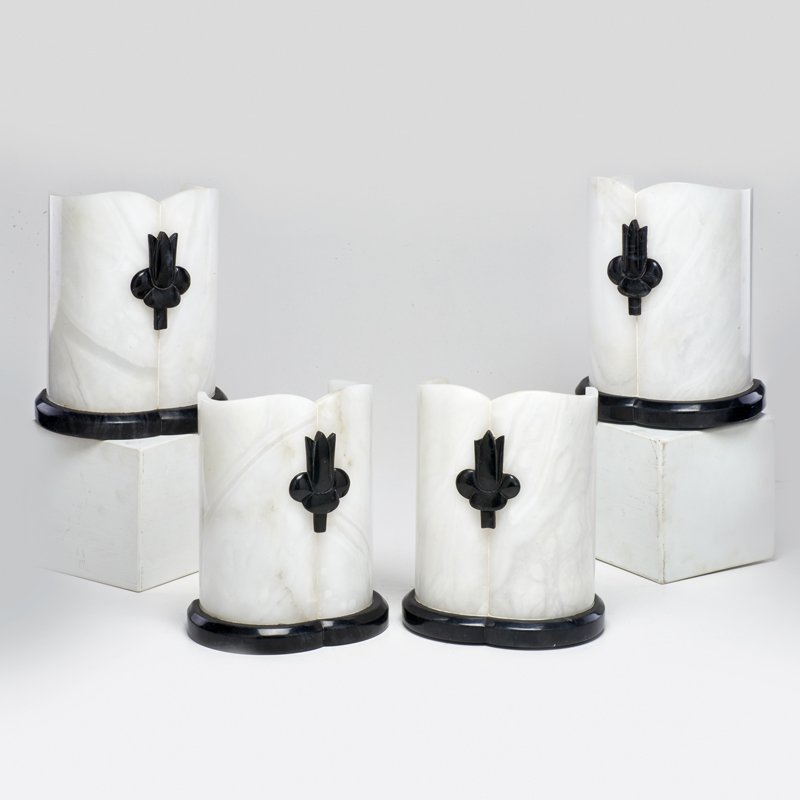 ITALIAN: Set of four alabaster and marble table lamps, 1950s; All marked "158/1342 Made in Italy"; Each: 9 3/4" x 7" x 5 1/2"