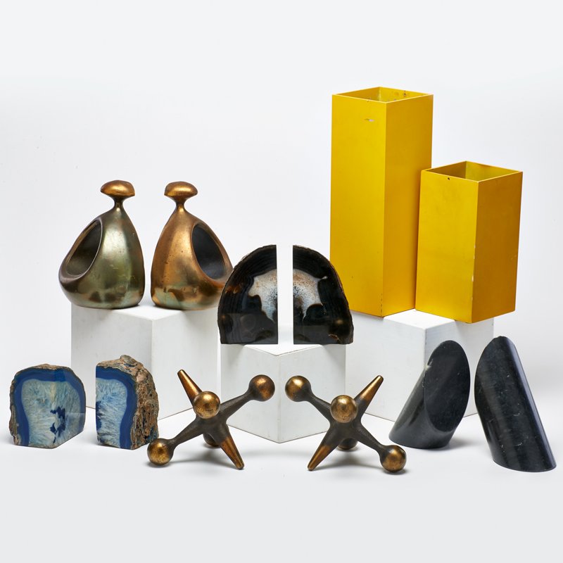 BILL CURRY; DESIGN LINE; BEN SIBBEL; RAYMOR; ETC: Five pair of bookends: Bill Curry jacks, Ben Sibbel patinated metal, Italian Marble, two Latin American geodes, with two Design Line square vases; Vases marked; Tallest: 12" x 4" sq.