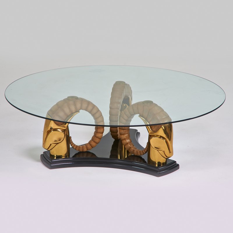MASTERCRAFT (Attr.): Circular coffee table, USA, 1970s; Brass plated and enameled metal; Unmarked; 17 1/2" x 53 3/4"