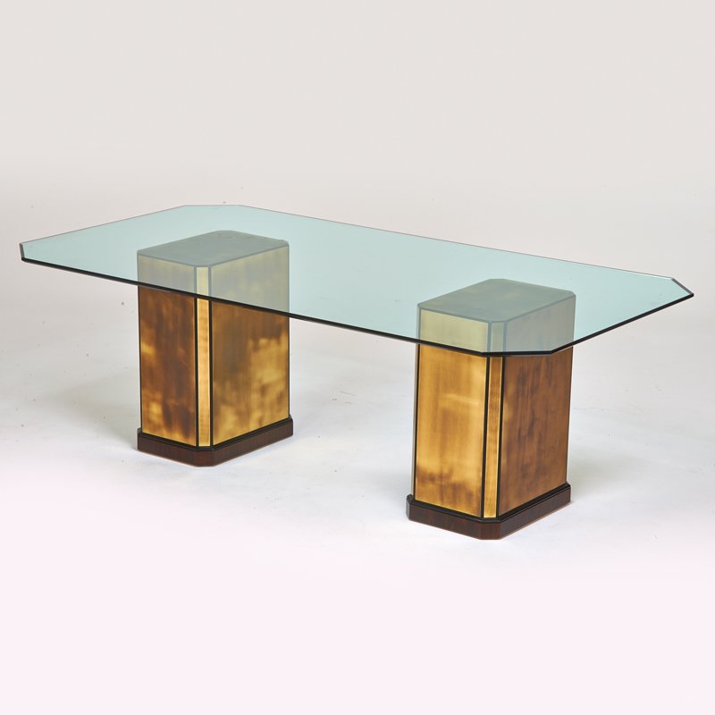 MASTERCRAFT (Attr): Dining table, USA, 1980s; Patinated brass, stained and painted wood, beveled glass; Unmarked; 29 1/2" x 87" x 47"