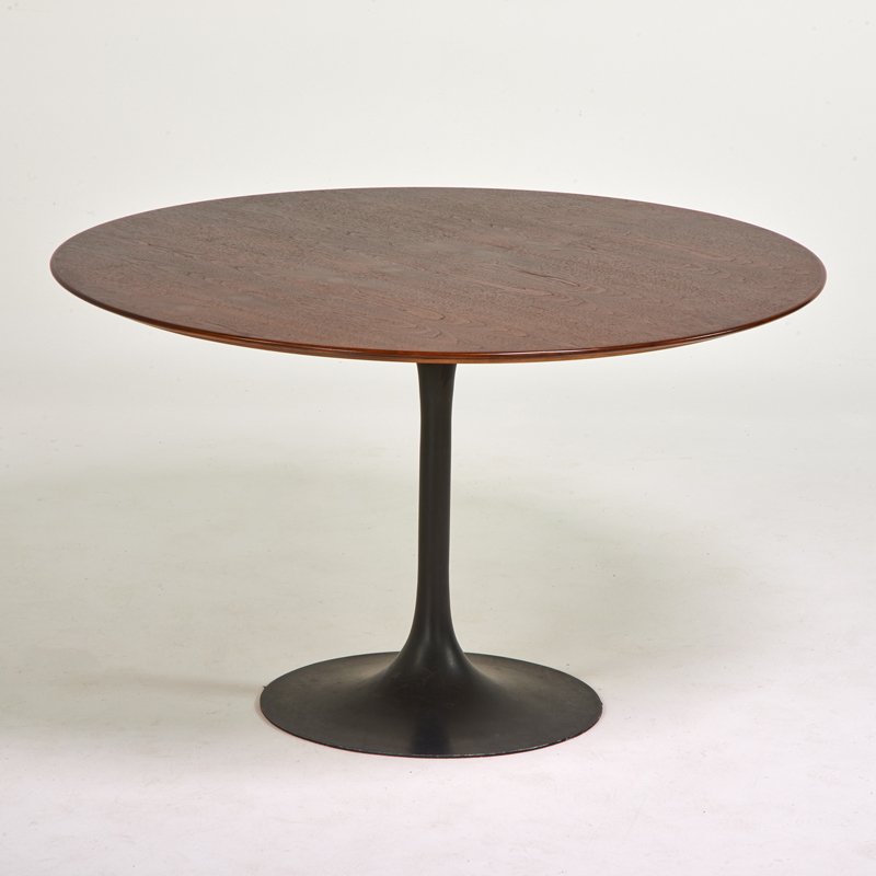 EERO SAARINEN; KNOLL ASSOCIATES: "Tulip" dining table, New York, 1960s; Painted aluminum, walnut; Unmarked; 29" x 48" dia.