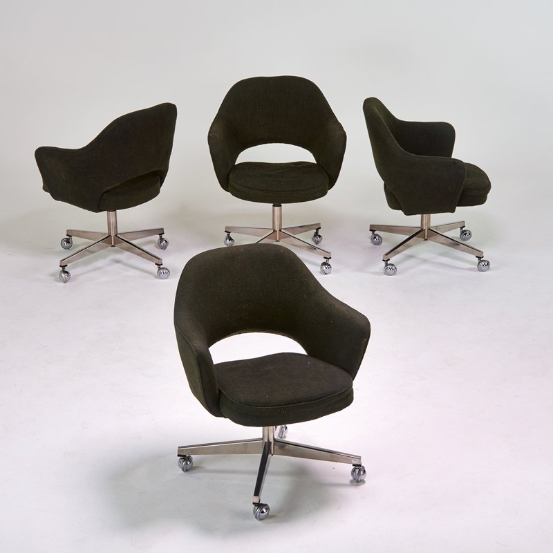 EERO SAARINEN; KNOLL INTERNATIONAL: Set of four executive armchairs, New York, 1970s; Chromed steel, upholstery; Manufacturer's labels; Each: 31" x 27" x 25"