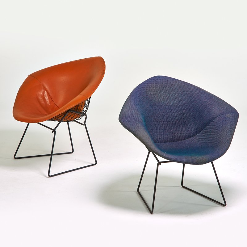 HARRY BERTOIA; KNOLL ASSOCIATES: Two "Diamond" chairs, New York, 1950s; Enameled steel, upholstery; One labeled; 30" x 33 1/2" x 28"