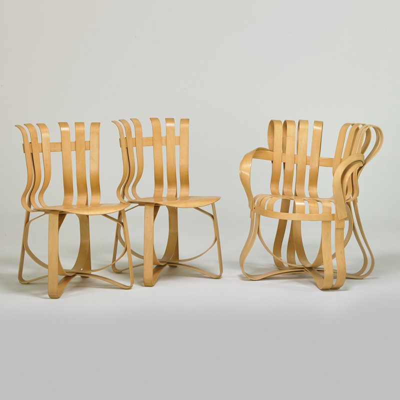 FRANK GEHRY; KNOLL: Crosscheck" armchair and two "Hat Trick" sidechairs, New York, 1990s; All branded; Armchair: 33 1/2" x 28 1/4" x 26