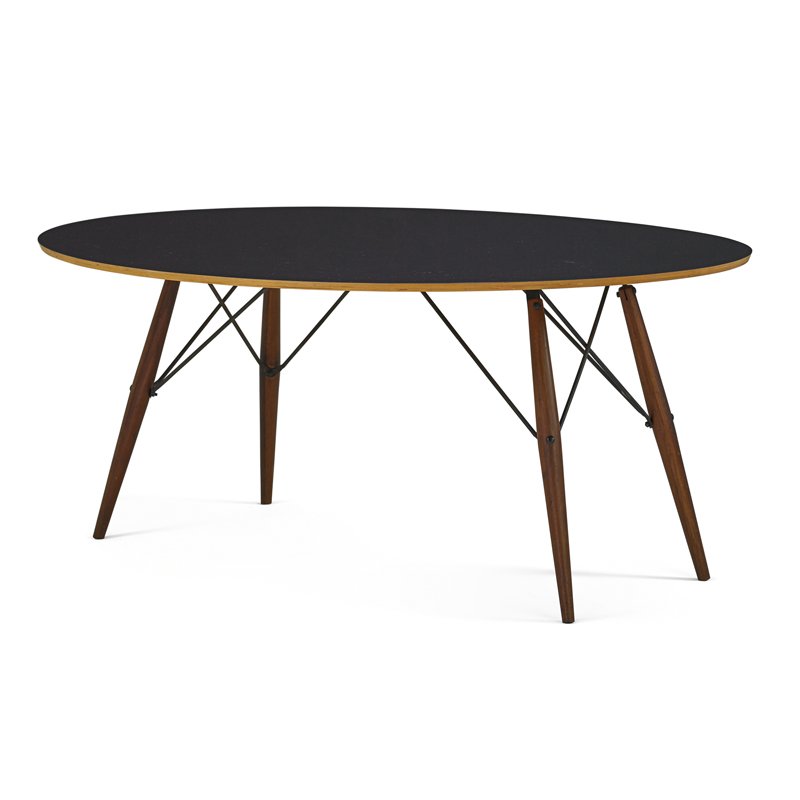 CHARLES AND RAY EAMES: Custom dowel leg dining table, Zeeland, MI; Walnut, enameled steel, laminate on plywood, turned wood; Unmarked; 30" x 72" x 54"
