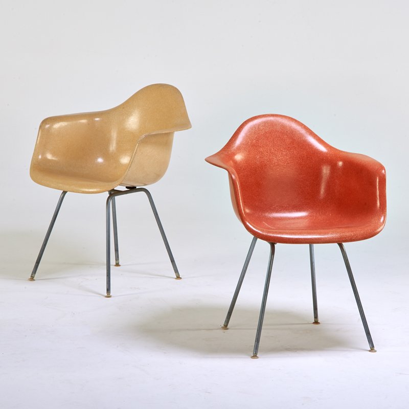 CHARLES AND RAY EAMES; HERMAN MILLER: Two shell armchairs, Zeeland, MI, 1960s; Plastic-reinforced fiberglass, zinc-plated steel; Unmarked; 31 1/2" x 24 1/2" x 24"