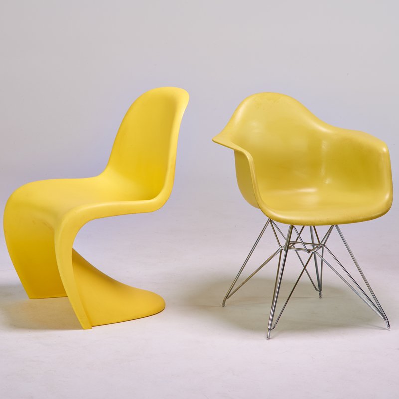 CHARLES AND RAY EAMES, VERNER PANTON; VITRA: Two chairs, Switzerland, 1990s; Polypropylene and chromed steel, Eames: 31 1/2" x 24 1/2" x 24 1/2", Panton: 32 1/2" x 20" x 24"