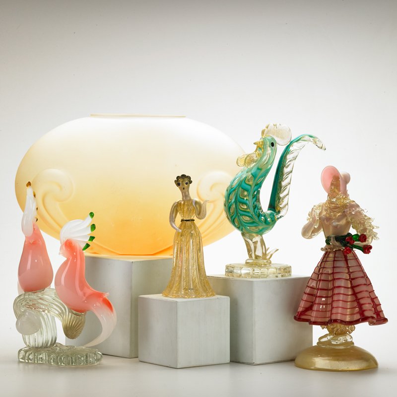 BAROVIER & TOSO; ETC.: Seven glass figurines with gold inclusions: pair of Barovier and Toso roosters, lovebirds, lady and gentleman, lady in waiting, and frosted pillow vase, ca. 1940s; One rooster with paper label; Talles