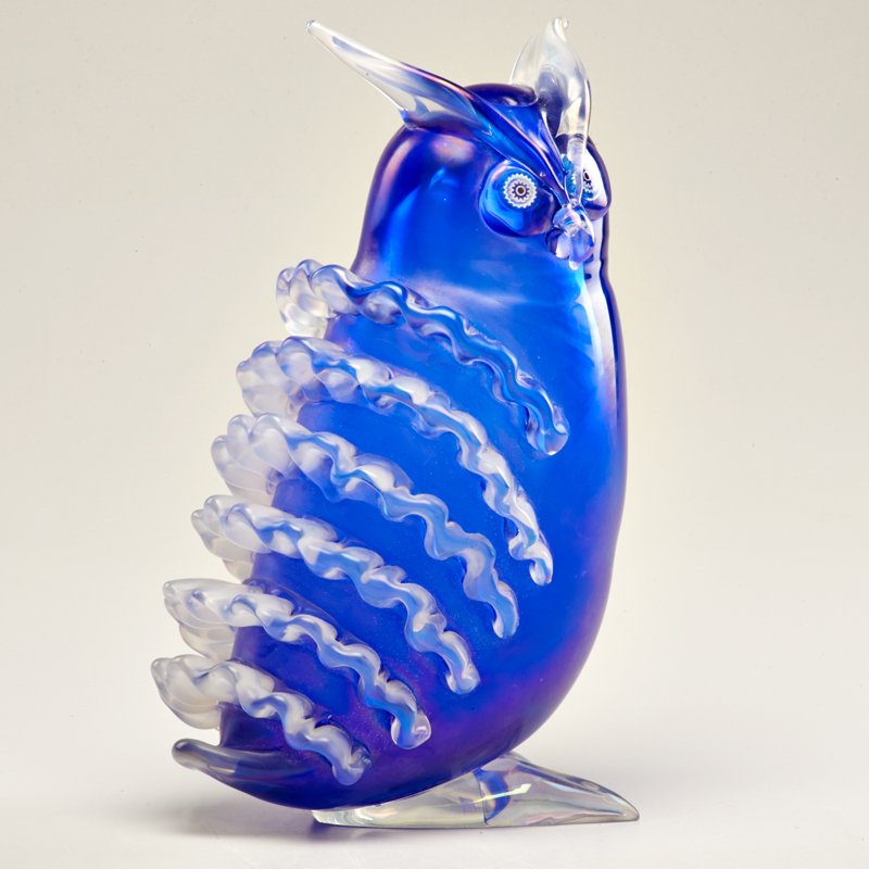 FRANCO MORETTI: Iridescent glass owl, Italy, 20th c.; Unmarked; 12 1/4" x 8" x 6"
