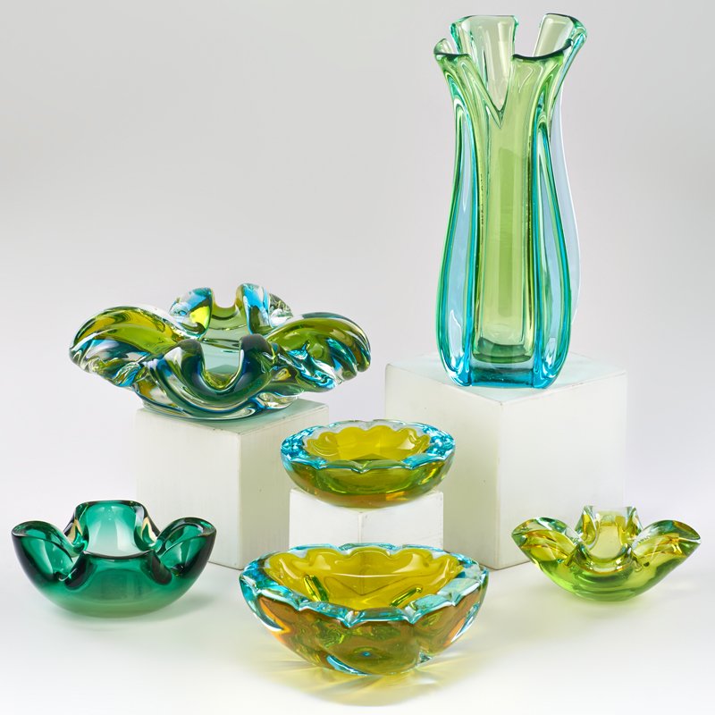 MURANO: Six pieces: sommerso vase, two floral bowls and three dishes, Italy, late 20th c.; Hand blown glass; Unmarked; Vase: 10" x 4 3/4" dia.