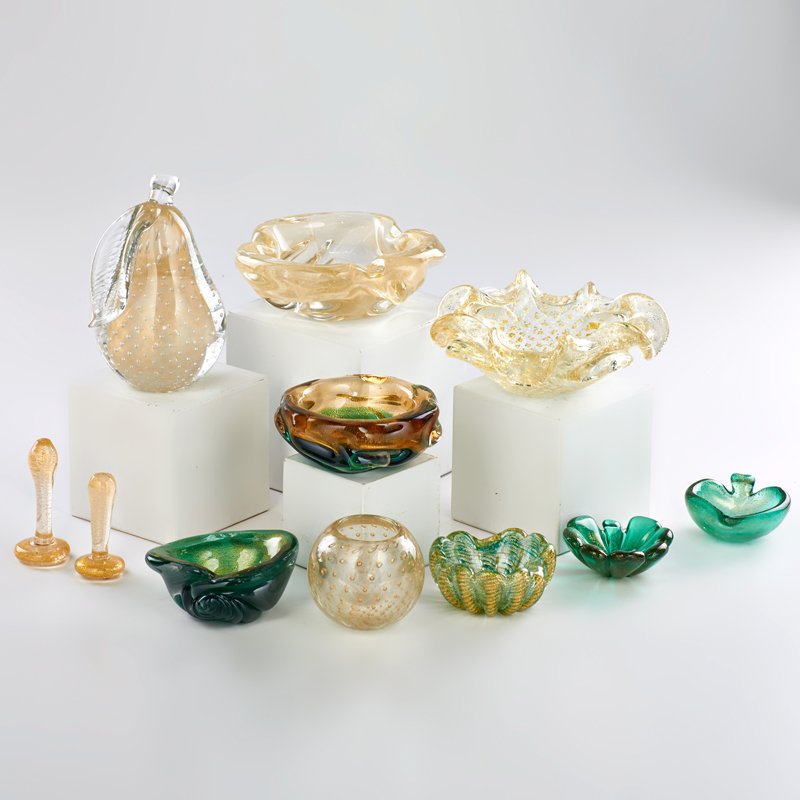 ALFREDO BARBINI; WEIL CERAMICS & GLASS, ETC: Nine hand blown glass pieces with controlled bubbles or encased gold-foil decoration: pear bookend, cabinet vase, two mortar & pestles, five small dishes, 20th c.; Sticker labels on pear bookend; Pear