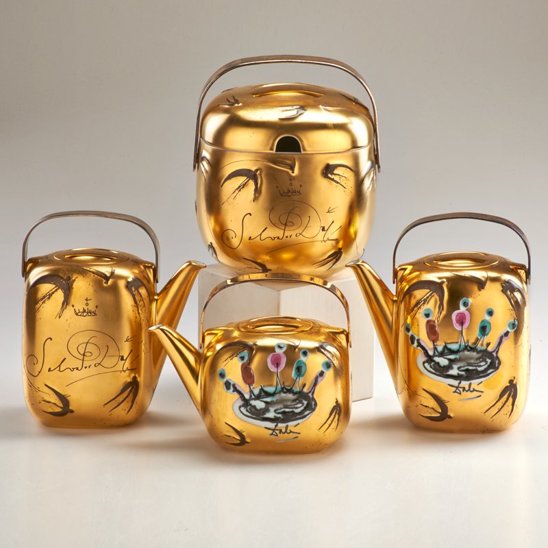TIMO SARPANEVA WITH SALVADOR DALI; ROSENTHAL STUD: Four "Suomi" pieces: two tall teapots, short teapot and ice bucket, Germany, 1980s; Glazed porcelain; Each marked and numbered; Largest: 7" x 6" sq.