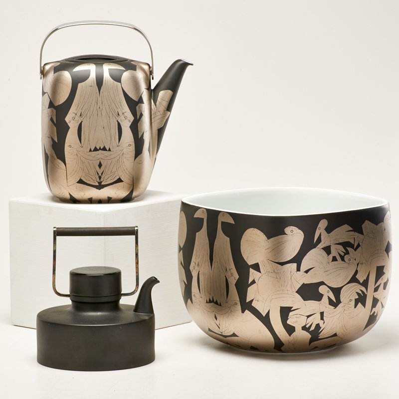 TIMO SARPANEVA WITH H.A.P. GRIESHABER; ROSENTHAL S: "Suomi" bowl and teapot, together with Tapio Wirkkala Rosenthal Studio-Line teapot, Germany, 1980s; Glazed porcelain; Each marked and numbered; Bowl: 6 1/2" x 8 1/4" dia.