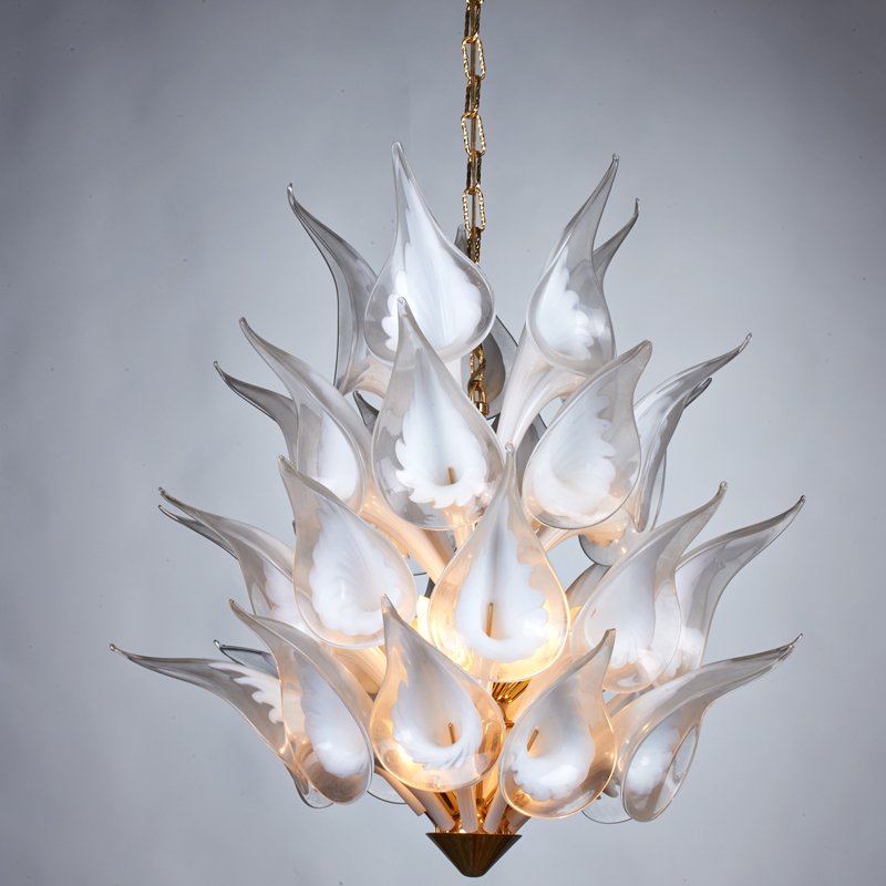 FRANCO LUCE: Ten-light chandelier, Italy, 1970s; Cased glass, gold plated brass; Unmarked; Fixture: 28" x 23" dia.