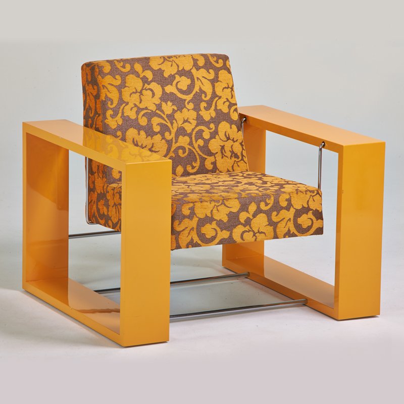 PACO CAPDELL: Rocking lounge chair, Spain, 2000s; Chromed steel, upholstery, lacquered wood; 31" x 37" x 31 1/2"