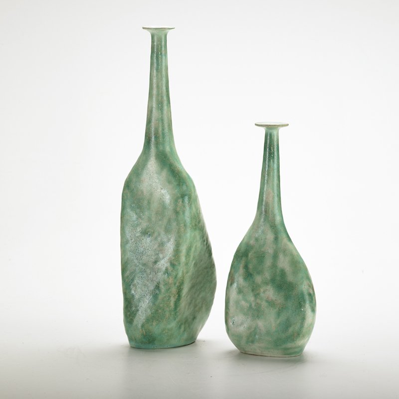 GUIDO GAMBONE: Matched set glazed stoneware bottles, Italy, ca. 1960; Both marked; Taller: 15 3/4" x 5 1/2"