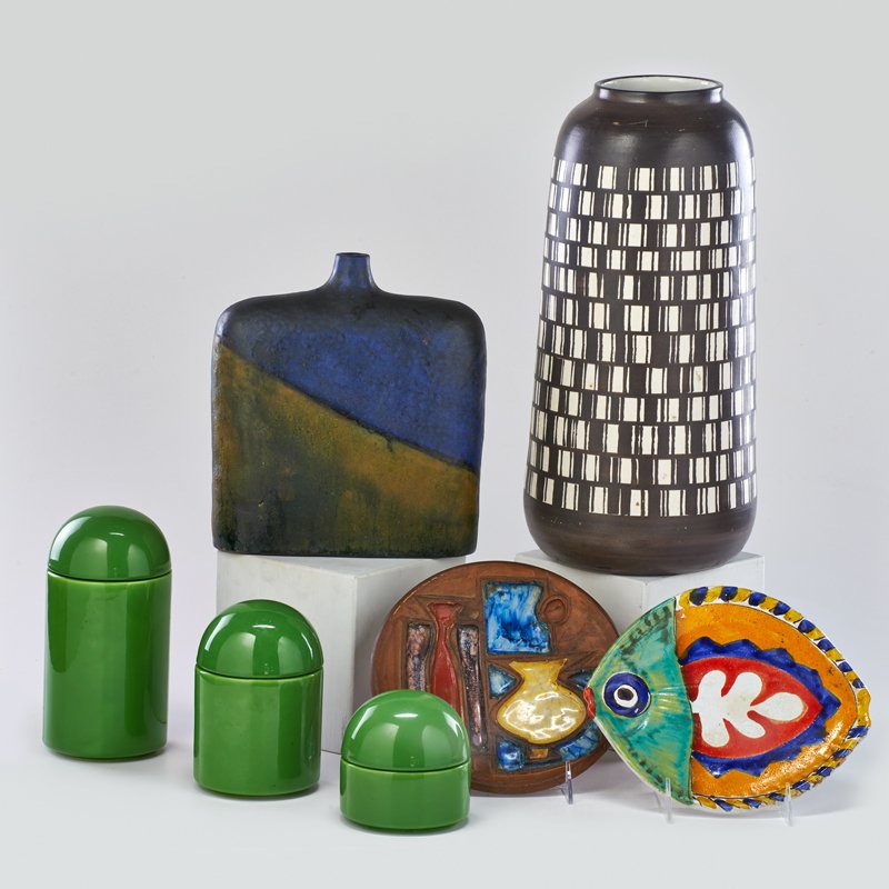 FANTONI; RAYMOR; DESIMONE; ETC.: Seven pieces: Fantoni bottle-shaped vase, Raymor plate with volcanic glass insets, Desimone fish plate, tall vase, and three covered jars, Italy; Glazed ceramics; All marked; Raymor plate: 8 1/2" dia.