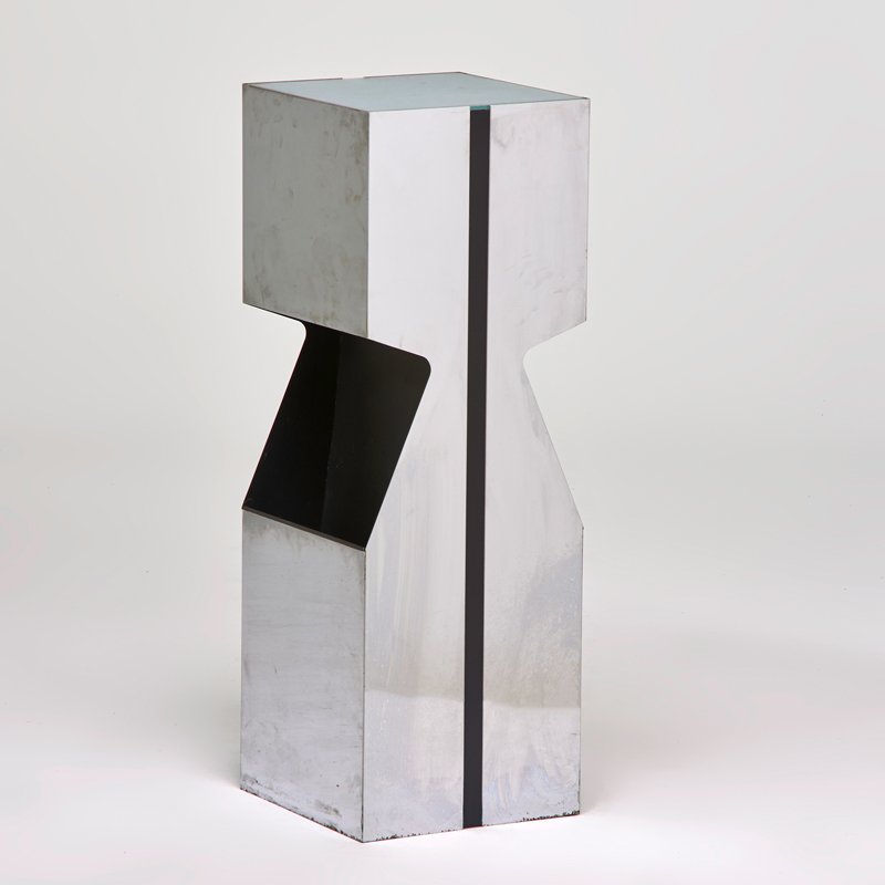 KOVACS: Illuminated pedestal; Chromed and enameled steel, frosted glass; Unmarked; 34" x 12" x 12"