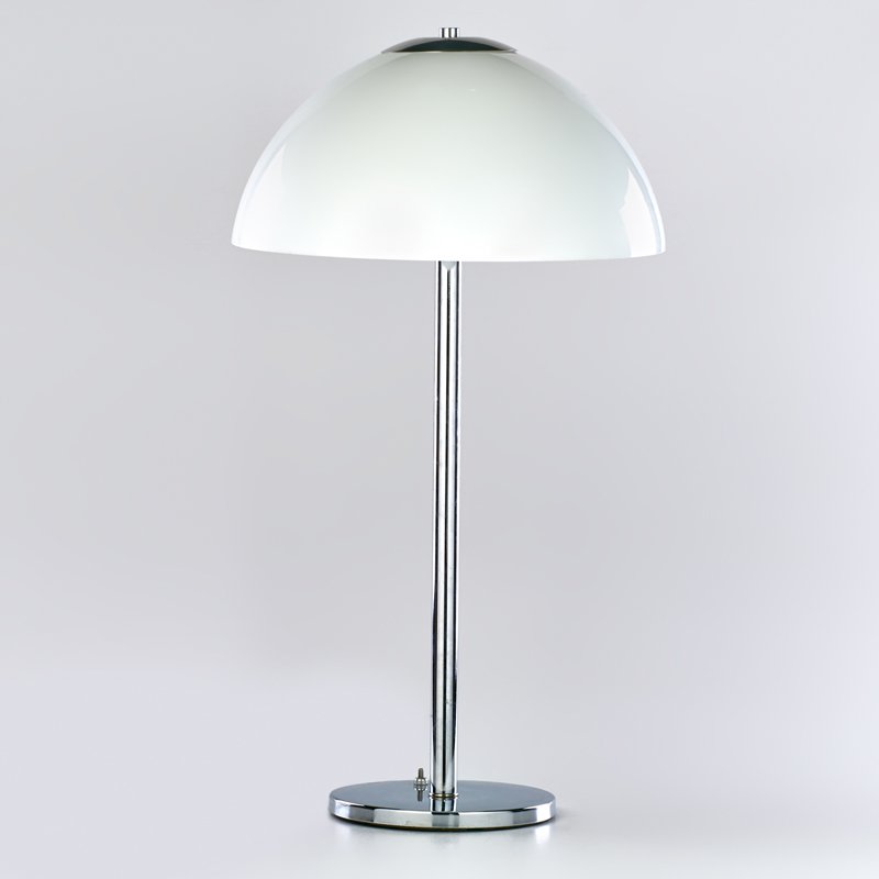STYLE OF GEORGE KOVACS: Table lamp with white hemspheric shade; Chromed metal and glass; Unmarked; 29" x 16" dia.
