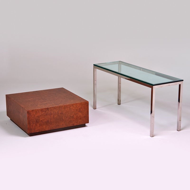 STYLE OF MILO BAUGHMAN: Console and coffee table, USA, 1970s; Chromed steel, glass; burl wood; Console: 29" x 60" x 20", burl: 15" x 36" x 36"