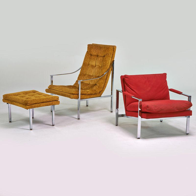 MILO BAUGHMAN, ETC.: Lounge chair and similar chair with matching ottoman, USA, 1970s; Chromed steel, upholstery; Upholstery label to Baughman; Baughman: 28" x 29" x 32" Etc: 39" x 24 1/2" x 36" Ottoman: 15" x 23" 20"