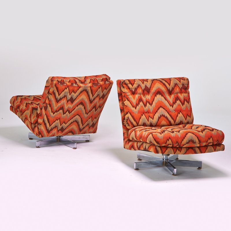 MILO BAUGHMAN; THAYER COGGIN: High Point, NC, 1970s; Chromed steel, upholstery; Manufacturer's labels to one; 28" x 27" x 37"