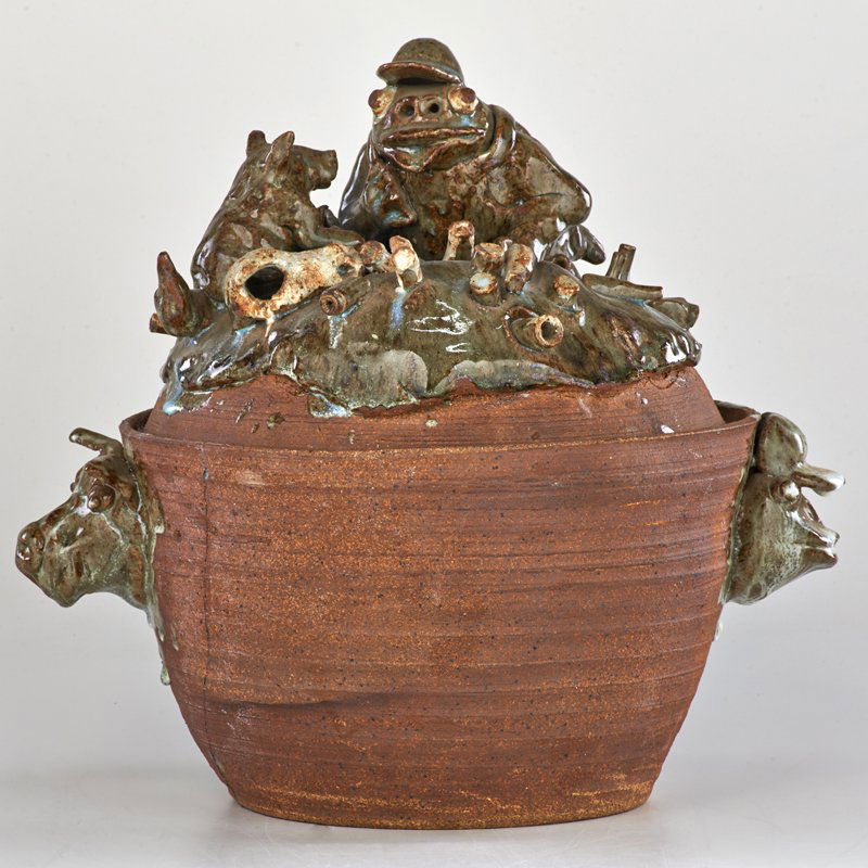 DAVID GILHOOLY: Ceramic frog lidded pot, San Francisco, CA, 1973; Signed and dated; 15" x 16" dia.