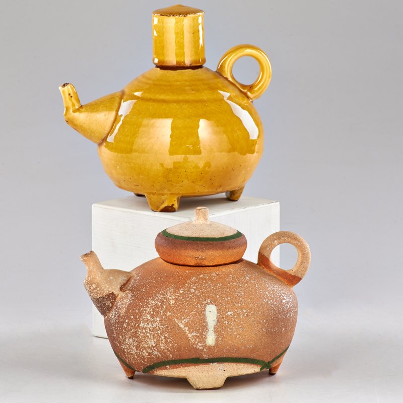 MARK PHARIS: Two "Soy Bottles," USA, 1980-1990s; Glazed earthenware; Unmarked; Taller: 5 3/4" x 6 1/2"