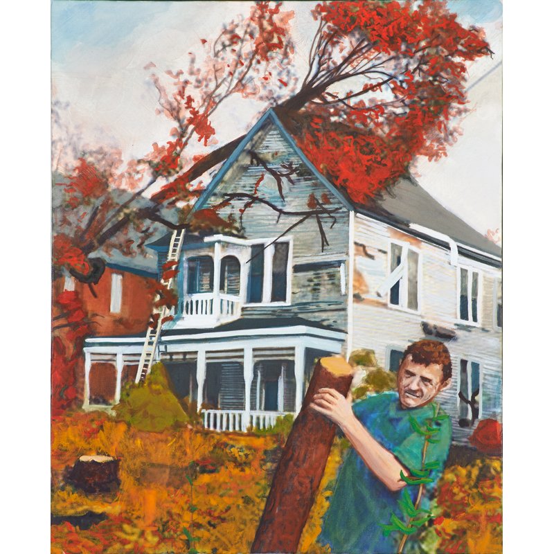 FARIS MCREYNOLDS (American, b. 1977): Mixed media on canvas; "Untitled (Fallen Tree on House)," 2004; 20 1/8" x 16"