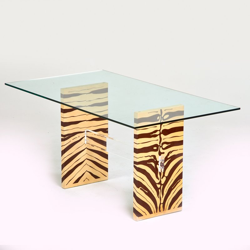 STYLE OF KARL SPRINGER: Table, USA, 1980s; Painted parchment, acrylic, glass; Unmarked; 29" x 59" x 33 1/2"