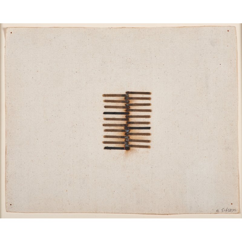 ANITA GIBSON (Peruvian, 20th C.): Burnt matches on canvas; Untitled (framed); Signed; 10 5/8" x 13 1/8"