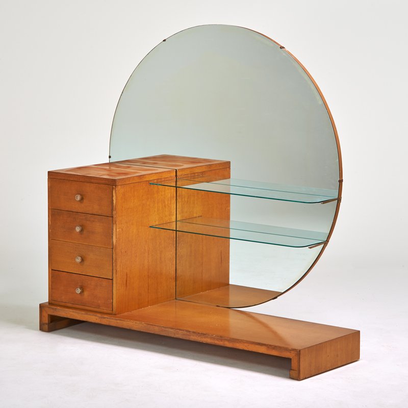 T.H. ROBSJOHN GIBBINGS; WIDDICOMB: Vanity, Grand Rapids, MI, 1940s; Walnut, gilt wood, mirrored glass; Decal label; 59 1/2" x 60" x 20"