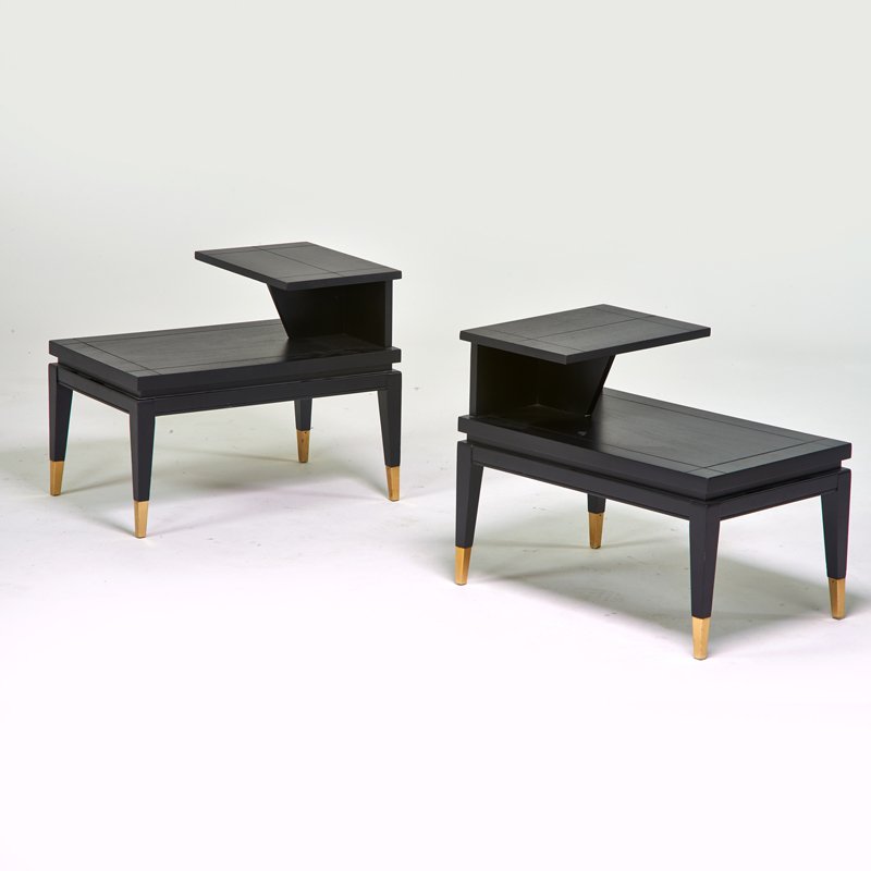 LANE: Pair of tiered side tables; Alta Vista, VA, 1960s; Ebonized wood, brass; Branded; 24" x 29 1/2" x 19 1/2"