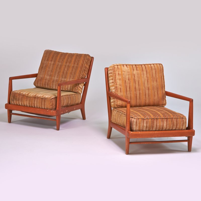 MODERN: Pair of lounge chairs, USA, 1950s; Birch, upholstery; Unmarked; 30" x 27 1/2" x 39"