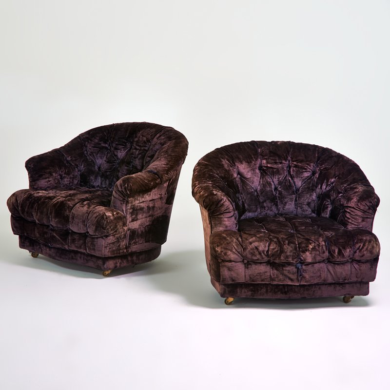 EDWARD WORMLEY; DUNBAR: Pair of tufted swivel lounge chairs, USA, 1960s; Upholstery, brass casters; Brass labels; 28" x 35" x 32"