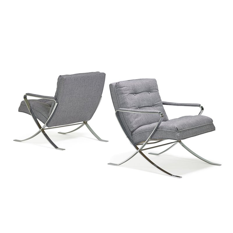 SELIG Pair of lounge chairs: SELIG Pair of lounge chairs, USA, 1970s Chromed steel, upholstery Unmarked 31" x 27" x 33"